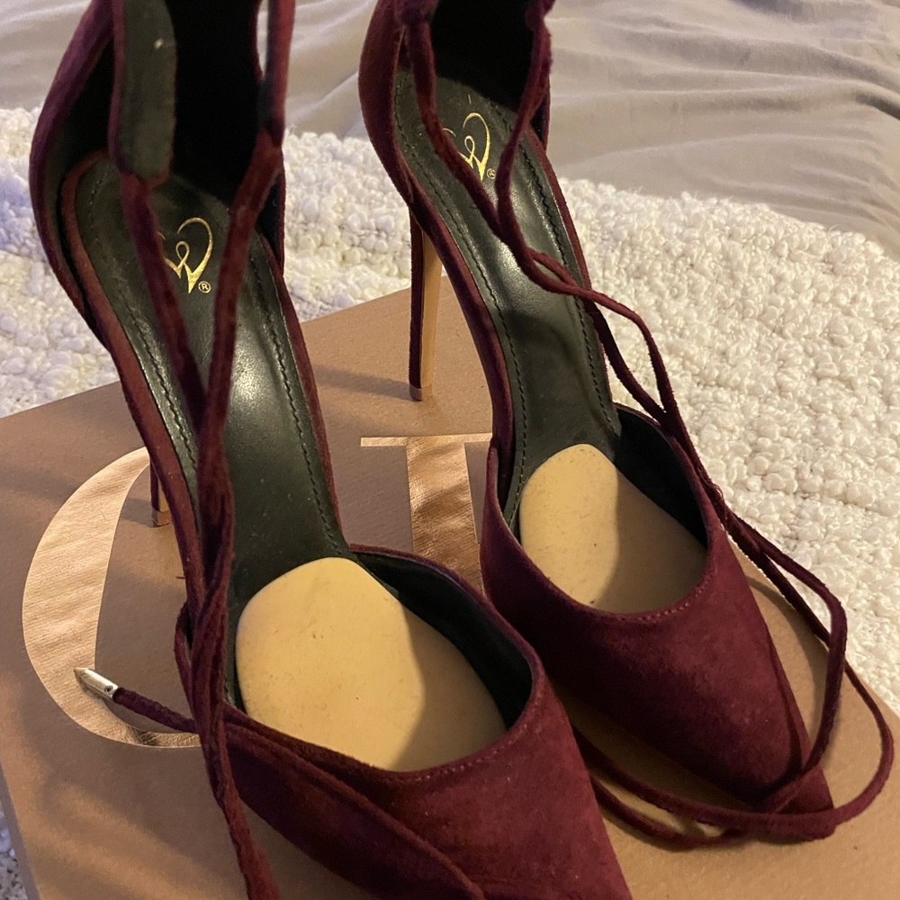 Maroon high heels with straps